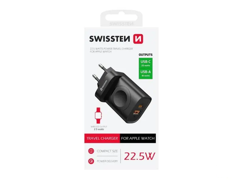 Swissten Travel charger 1xUSB-A, 1xUSB-C and Apple watch, 22.5W