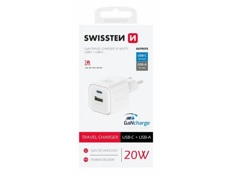 Swissten Travel charger 1x USB-C 20W PD, 1x USB-A 18W QC white