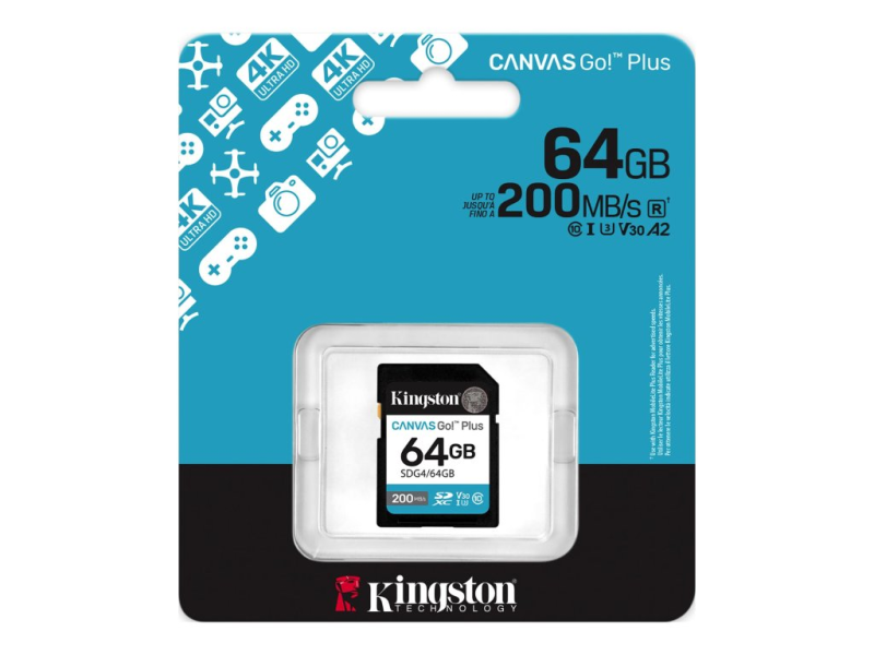 KINGSTON Canvas Go! Plus SD Memory Card 64GB, Class 10, UHS-I, U3, V30, up to 200 MB/s, 4K video