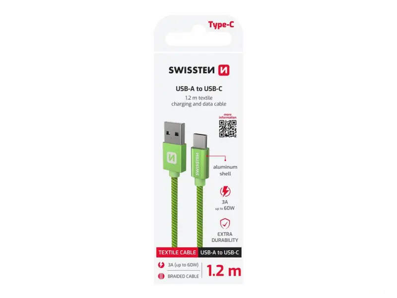 Swissten Data kabl Textile USB / USB-C 1.2m Green