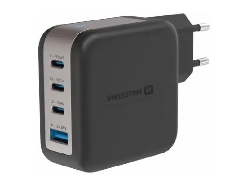 Swissten Travel Charger GaN 3x USB-C 100W PD + 1x USB-A 18W QC Black