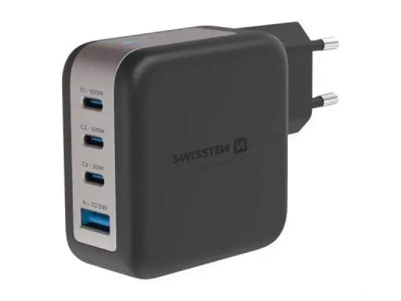 Swissten Travel Charger GaN 3x USB-C 100W PD + 1x USB-A 18W QC Black