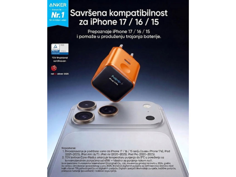 ANKER Nano 45W putni zidni punjac sa ekranom, USB-C port, crni