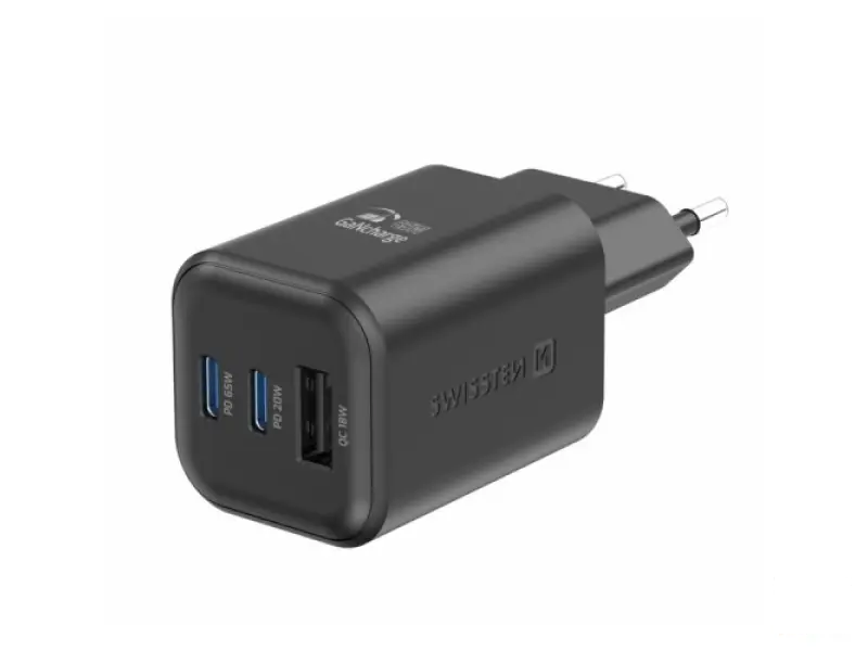 Swissten Travel Charger GaN 2x USB-C 65W PD + 1x USB-A 18W QC Black