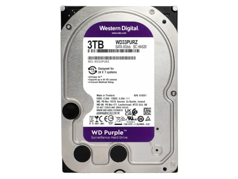 WD PURPLE HDD 3TB Surveillance, 256MB cache, 5400 RPM, up to 175MB/s transfer rate, 24/7