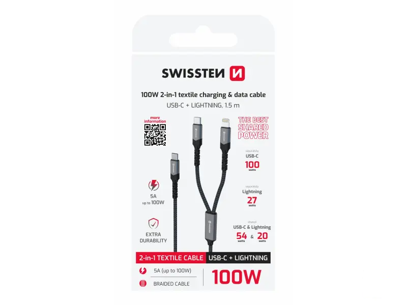 Swissten Kabl 2in1 100W USB-C/ USB-C + Lightning 1.5m Black