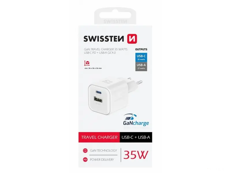Swissten Travel charger 1x USB-C 35W PD, 1x USB-A 27W QC, white