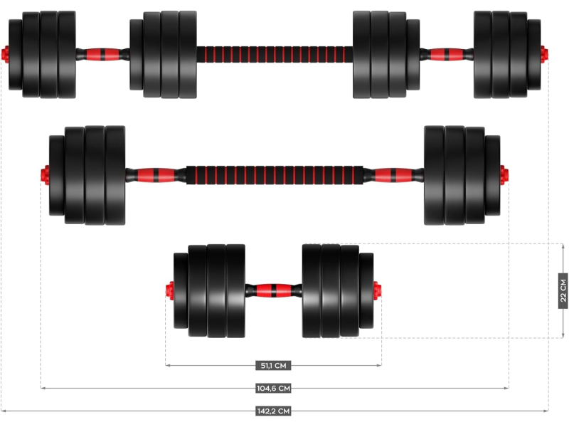 Athler AT-LION 40 Set tegova 40kg, 4-in-1 funkcija: bučica, šipka, zvono, pokretna šipka, materijal: pjena.