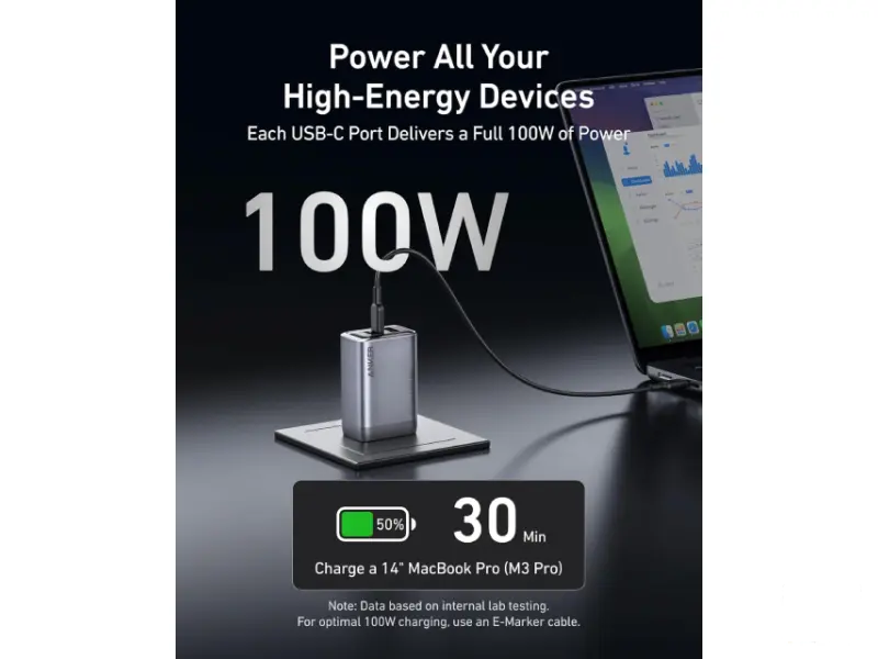 ANKER Prime 100W GaN zidni brzi punjač, 3-porta (2x USB-C i 1x USB-A) srebrni 