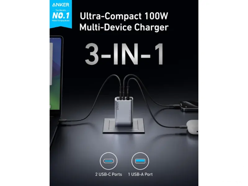 ANKER Prime 100W GaN zidni brzi punjač, 3-porta (2x USB-C i 1x USB-A) srebrni 