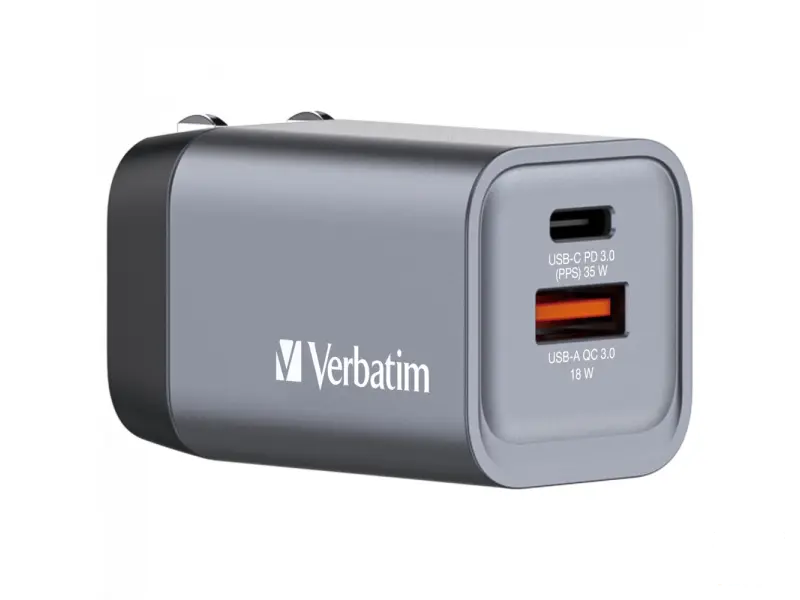 Verbatim GNC-35 GaN zidni punjac 35W, 1×USB-C PD 35W
/ 1×USB-A QC3.0