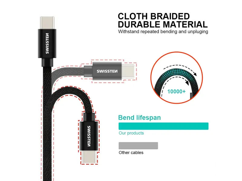 Swissten Data kabl Textile USB / USB-C 2m Black
