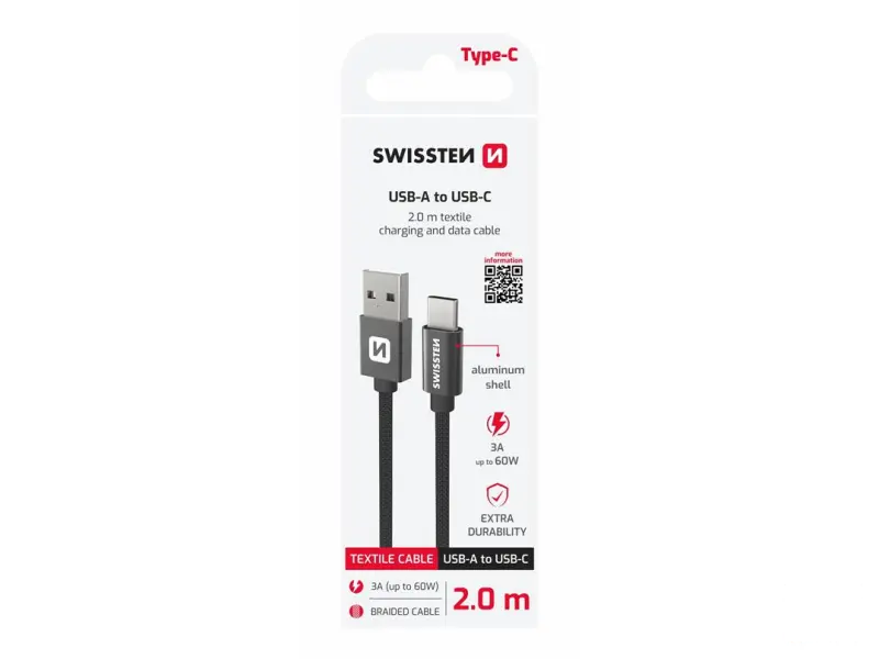 Swissten Data kabl Textile USB / USB-C 2m Black