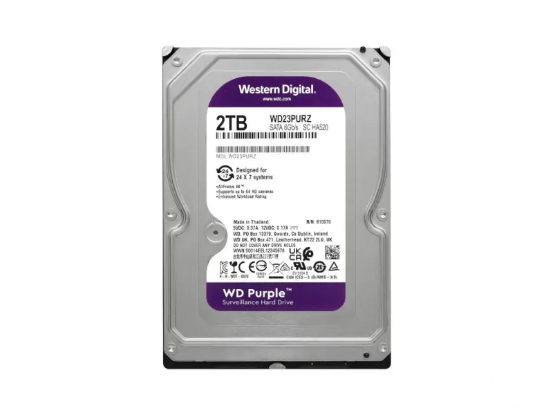 WD PURPLE HDD 2TB Surveillance, 64MB cache, 5400 RPM, up to 175MB/s transfer rate, 24/7