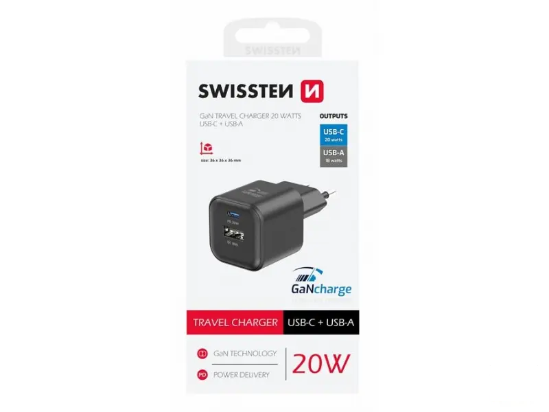 Swissten Travel charger 1x USB-C 20W PD, 1x USB-A 18W QC, black