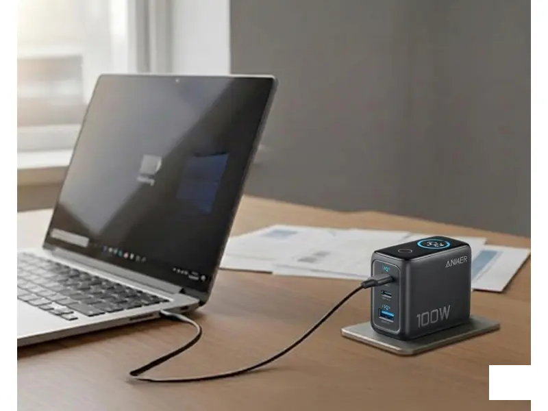 ANKER 100W GaN zidni brzi punjač, 3-porta (2x USB-C i 1x USB-A) sa USB-C M/M pletenim kablom, tamno sivi 