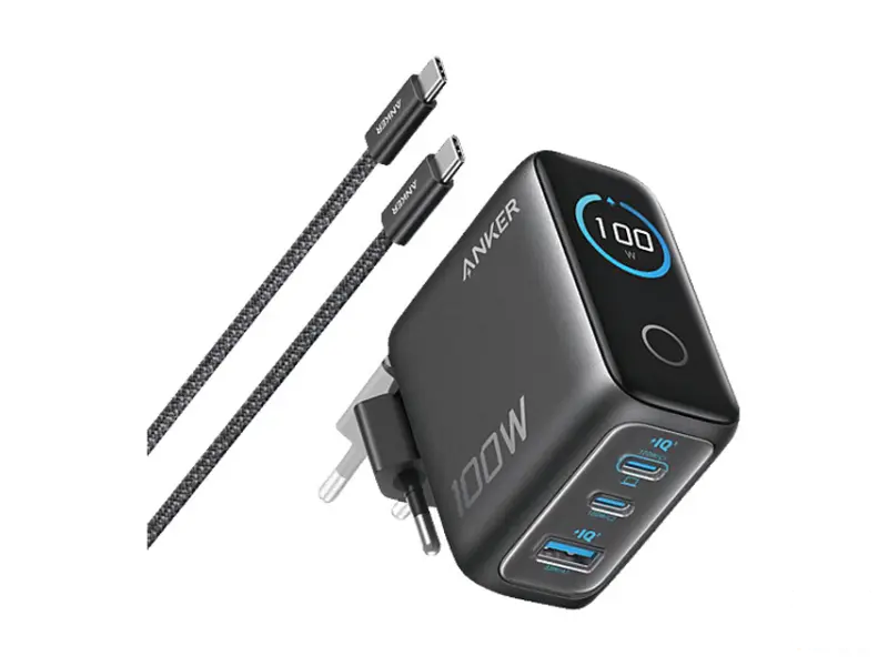 ANKER 100W GaN zidni brzi punjač, 3-porta (2x USB-C i 1x USB-A) sa USB-C M/M pletenim kablom, tamno sivi 