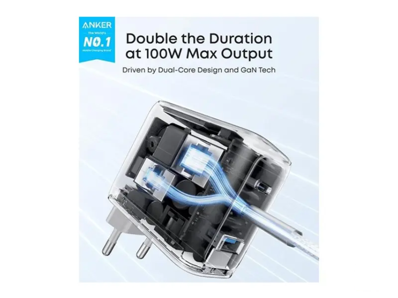 ANKER 100W GaN zidni brzi punjač, 3-porta (2x USB-C i 1x USB-A) sa USB-C M/M pletenim kablom, tamno sivi 