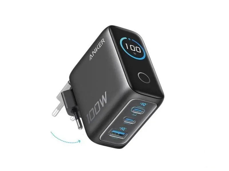 ANKER 100W GaN zidni brzi punjač, 3-porta (2x USB-C i 1x USB-A) sa USB-C M/M pletenim kablom, tamno sivi 