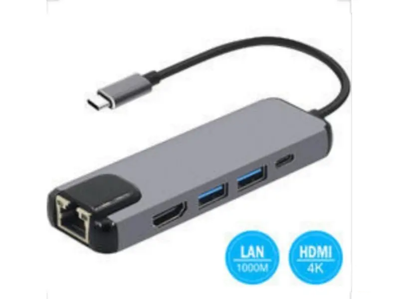 FAST ASIA Adapter-konvertor TIP-C na HDMI + 2xUSB 3.0 + TIP C + RJ45 