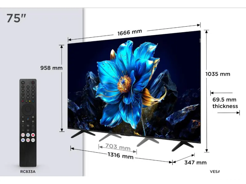 TCL 75P7K QLED TV 75" ultra HD, Google TV smart, AiPQ processor, Dolby Atmos,slim dizajn(bez okvira)