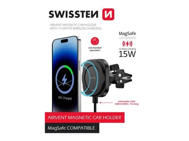 Swissten Magstick Car Holder With Wireless Charger 15W / 7,5W (MagSafe compatibile)