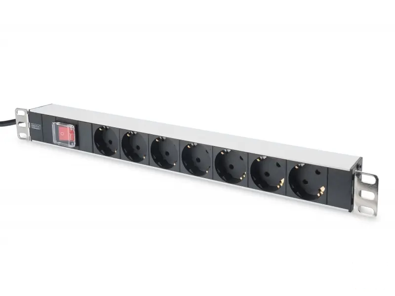 Digitus 1U Aluminum PDU, 19"  rackmountable, 7x safety outlet 16A, 4000W, 250VAC 50/60Hz, switch