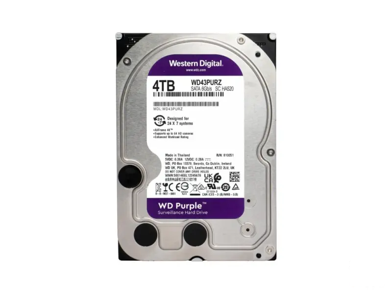 WD PURPLE HDD 4TB Surveillance, 256MB cache, 5400 RPM, up to 175MB/s transfer rate, 24/7