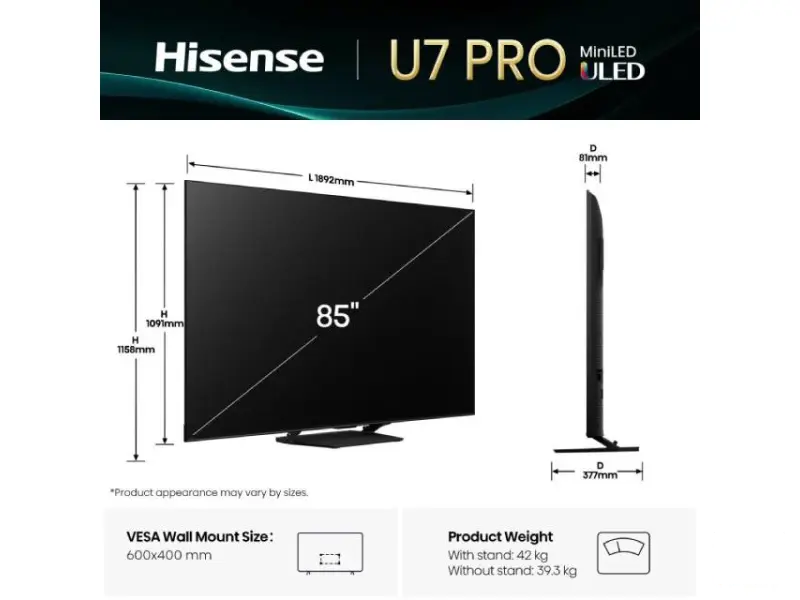 HISENSE 85 inča 85U7Q PRO ULED Mini-LED 4K UHD Smart TV 