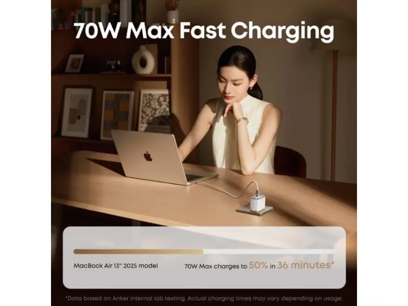 ANKER Nano 70W GaN zidni brzi punjač, 3-porta (2x USB-C i 1x USB-A) crni 