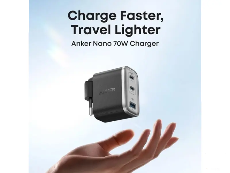 ANKER Nano 70W GaN zidni brzi punjač, 3-porta (2x USB-C i 1x USB-A) crni 