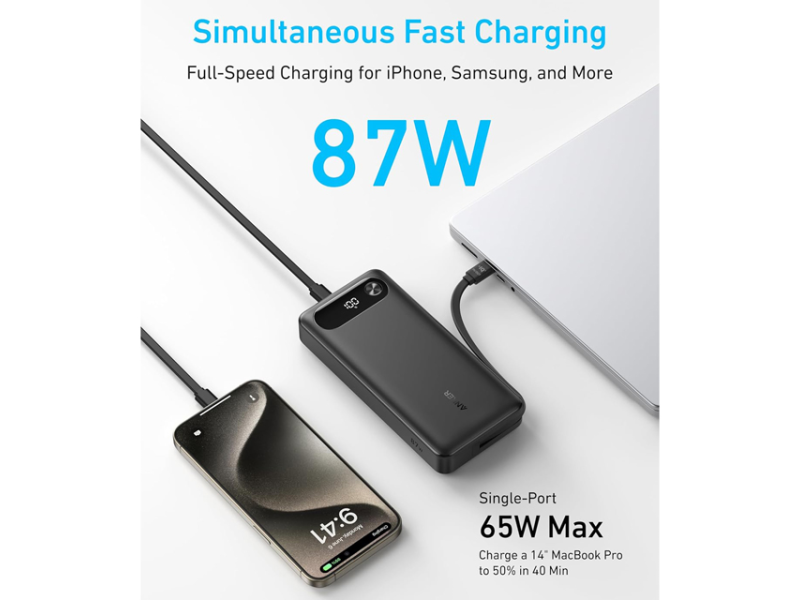 ANKER 20000mAh 87W sa ugrađenim USB-C kablom na izvlačenje crni
