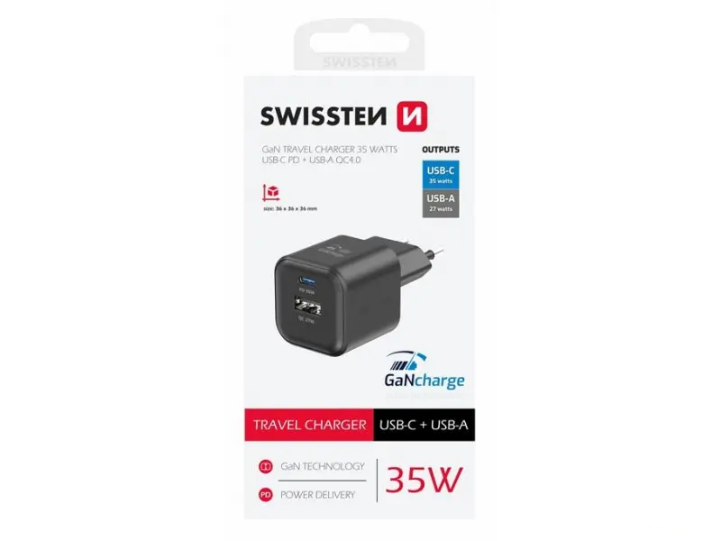 Swissten Travel charger 1x USB-C 35W PD, 1x USB-A 27W QC, black