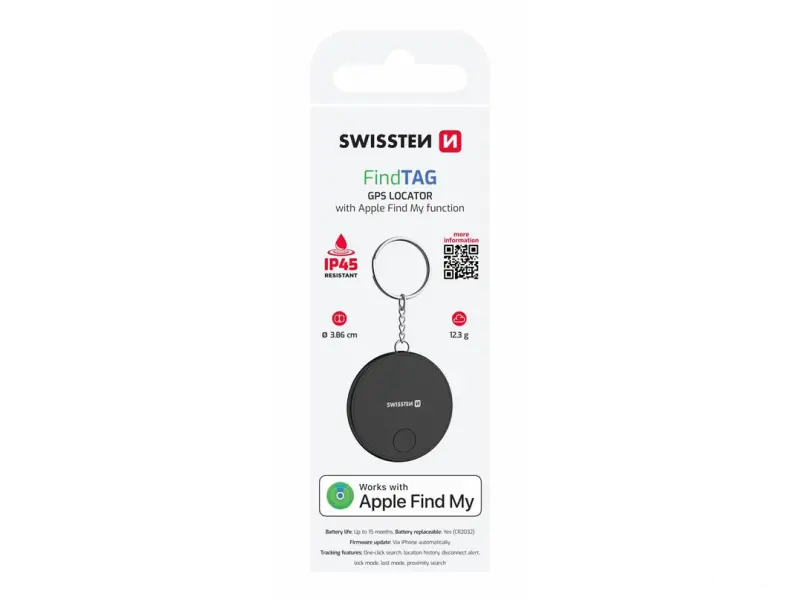 Swissten Find Tag Smart Locator With Apple Find My Function - Black