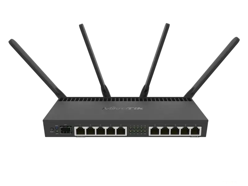 Mikrotik Router RB4011iGS+5HacQ2HnD-IN Powerful 10xGigabit port with a Quad-core 1.4Ghz CPU, 1GB RAM, SFP+ 10Gbps cage, dual band 2.4GHz / 5GHz 4x4 MIMO 802.11a/b/g/n/ac wireless and desktop case