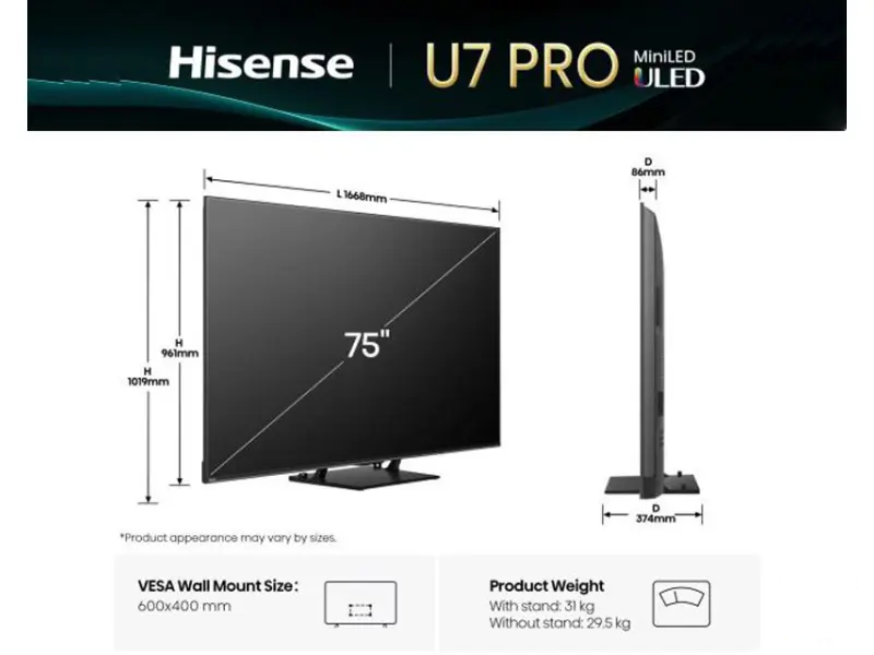 HISENSE 75 inča 75U7Q PRO ULED Mini-LED 4K UHD Smart TV 