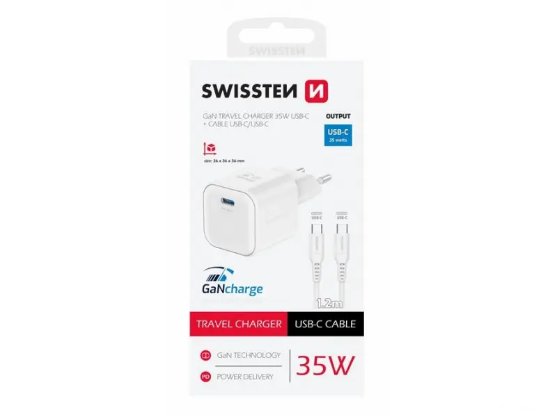 Swissten Travel charger 1x USB-C 35W PD white, data cable USB-C/ USB-C 1.2 M white