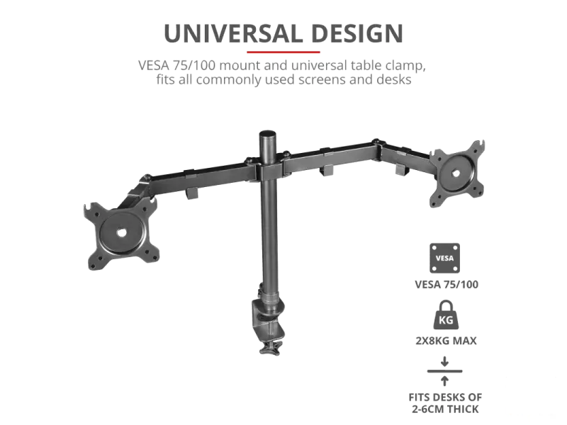 TRUST GXT 1120 Mara Dual Monitor Arm, VESA 75x75mm, 100x100mm, max 2x8kg weight, up to 32"