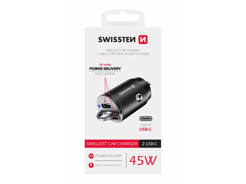 Swissten Car Adapter 2X USB-C 45W Nano Black